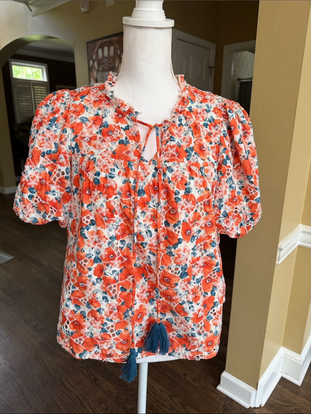 Voy Lined Eyelet Puff Sleeve Top with Tassels Tie -Size M
